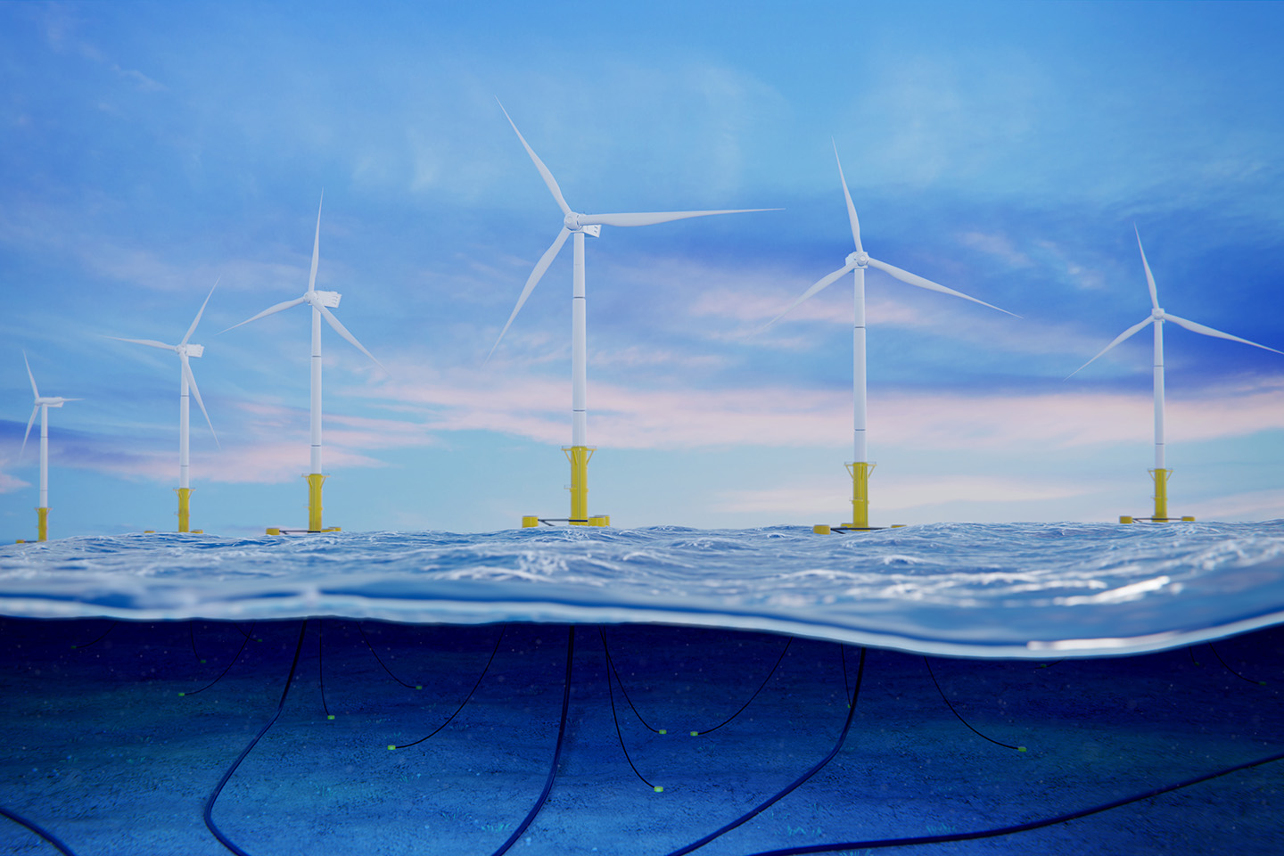Schematische Darstellung eines Offshore-Windparks mit Unterwasserenergiekabel. 