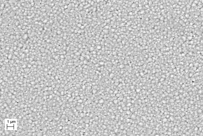 Gefüge einer transparenten Keramik / Al2O3 > 99,90%, d50 = 0,35 µm / HV(0,1) = 3000, Transmission bei l = 800 nm (Dicke 0,97 mm): 63 % 