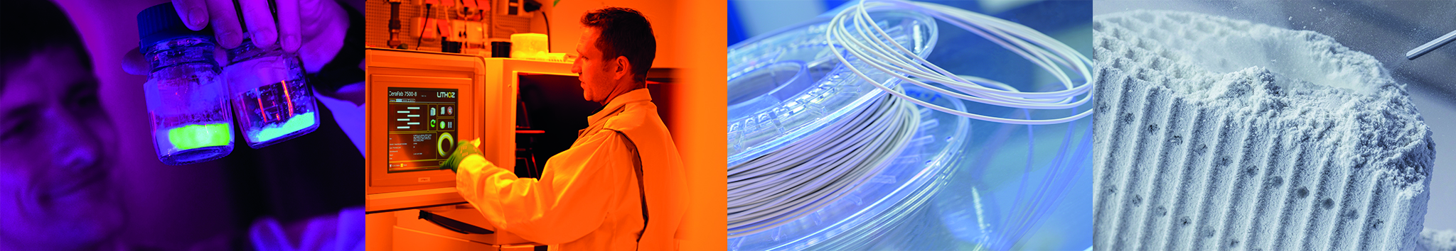 Auf den Bilder sehen Sie 4 verschiedenen Verfahren der Additiven Fertigung - Multimaterial Jetting (MMJ; o.l.), Binder Jetting (BJ; u.l.), Fused Filament Fabrication (FFF; o.r.), badbasierte Photopolymerisation (VVP; u.r.).