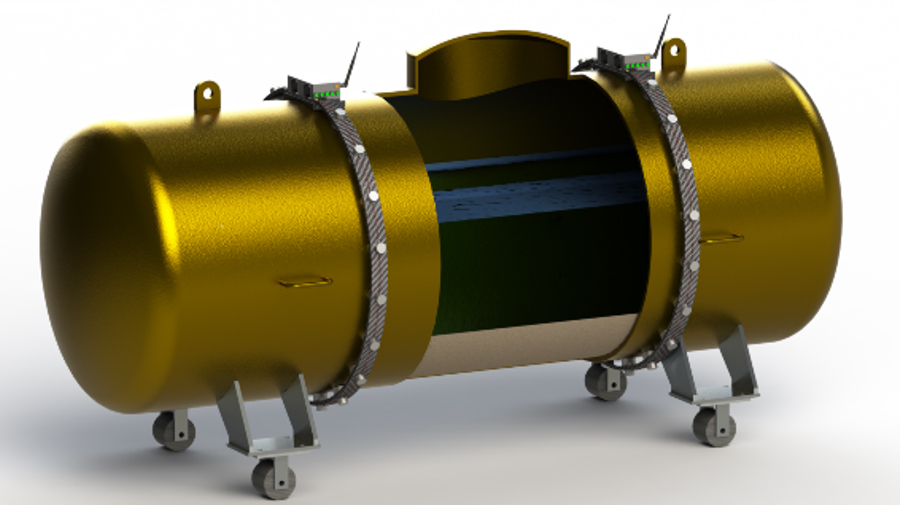 Schematische Darstellung eines Behälters mit einer Sand-Öl-Füllung. Das Messystem zur Füllstandserkennung ist in Form zweier ringförmiger Anordnungen außen an der Behälterwand angebracht.
