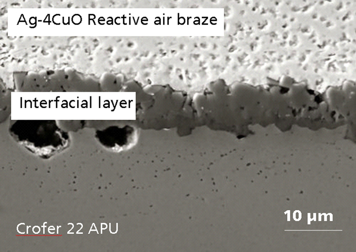 SEM-image of an oxidic interfacial layer of a Crofer22APU-ZrO2-joint after 800h at 850°C in air