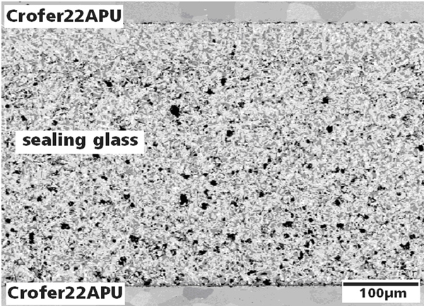FESEM image of a cross section of a model sealing consisting of Crofer22APU-sealing glass-Crofer22APU