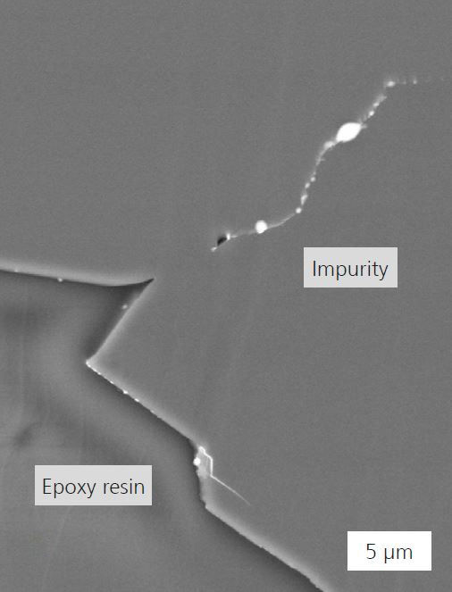 Ion beam preparation for detection of defects and inclusions in superhard powder particles.