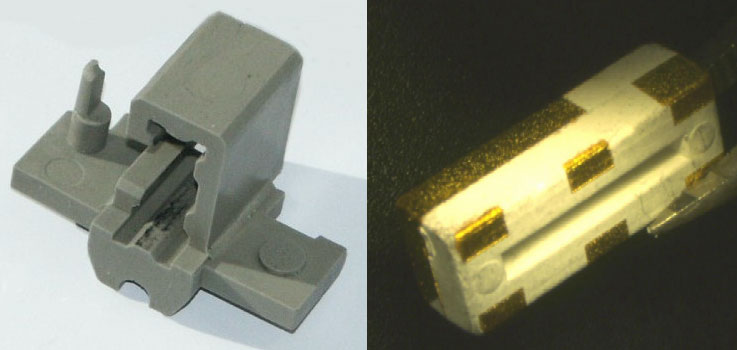 Polymerkeramische Bauelemente: Kohlebürstenführung in Hochleistungselektromotoren (links), Hochfrequenz-Miniaturantenne mit elektrischen Kontaktflächen (rechts)